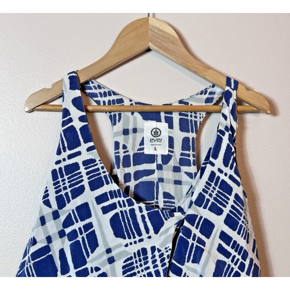 EVER By Nordstrom Romper Dress Large Blue White 100 Silk Romper Pockets Vacay L - Picture 2 of 14
